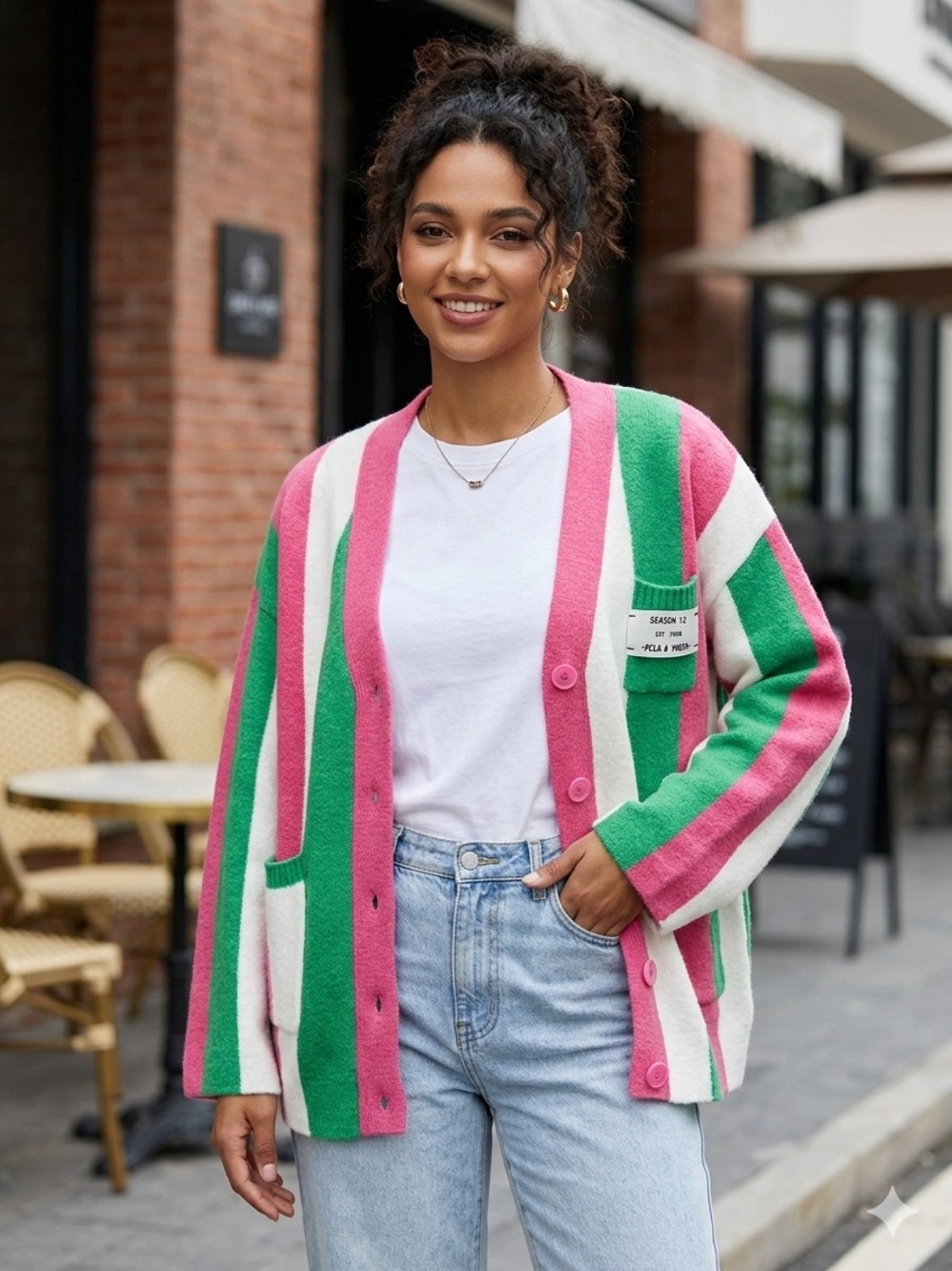 NWT JASCLS Oversized Striped Cardigan Sweater Medium Pink Green Kidcore